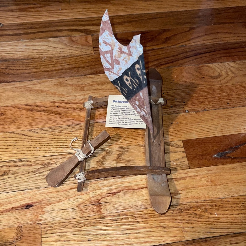 Wooden Outrigger Canoe Model with Patterned Sail